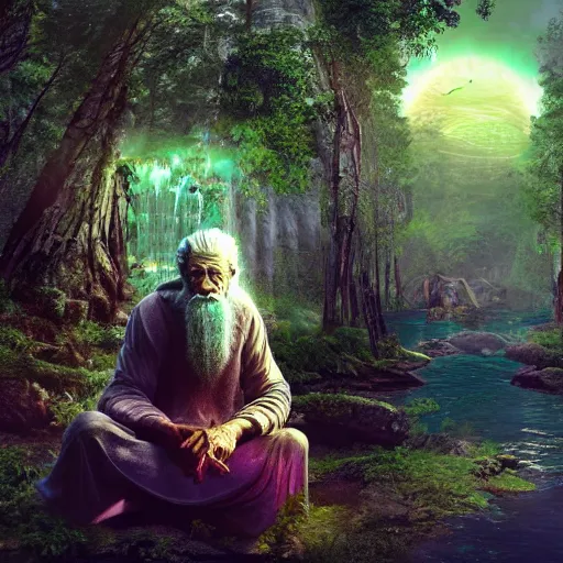 Image similar to an epic image of gandalph the grey, taking lsd and waiting for psychedelic trip, background magic psycheeelic forest, acis colors, digital art, artstation, unreal engine