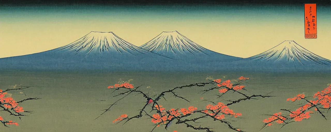 Image similar to a japanese painting a beautiful view of mount fuji