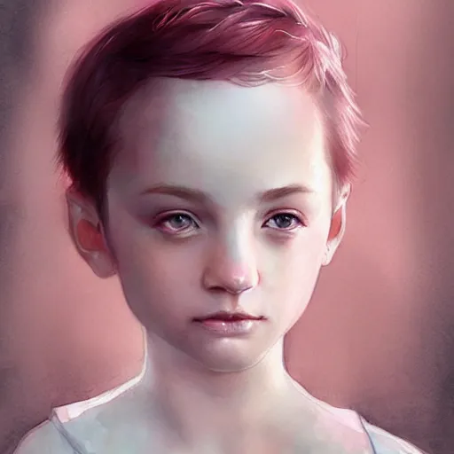 Image similar to young boy, short pink hair, light eyes, gorgeous, amazing, delicate, elegant, intricate, highly detailed, watercolor, portrait, artstation, concept art, sharp focus, illustration, art by charlie bowater and Ross tran