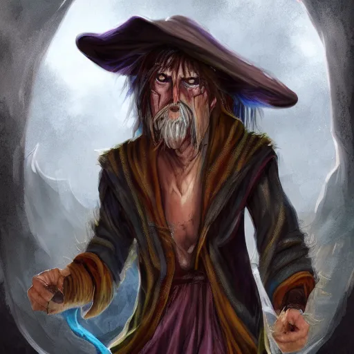 Image similar to Chawick the Fail Wizard, a young scrawny man in ragged and stained wizard's robes and hat. 8k resolution, full-length portrait, digital painting, fantasy art.