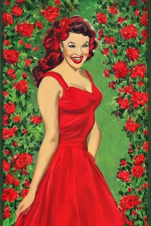 Image similar to a portrait of a beautifull woman, wearing a red dress,with a beautifull smile,a garden background.in american style pin up.anatomically correct