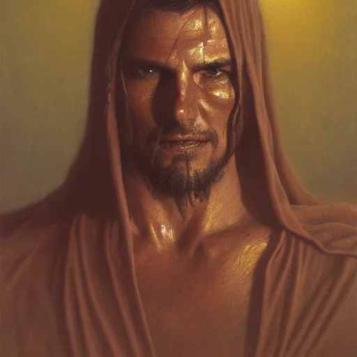 Image similar to portrait of Tom Cruise as demonic Jesus Christ in hood and crown of thorns, dark fantasy, Warhammer, artstation painted by Zdislav Beksinski and Wayne Barlowe