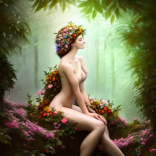 Image similar to a picture of a beautiful woman clothed in flowers and leaves sitting overlooking an enchanted forest, high fantasy, elegant, epic, detailed, intricate, digital painting, concept art, realistic detailed face, smooth, focus, rim light, detailed 8 5 mm f / 1. 4, anamorphic lens,