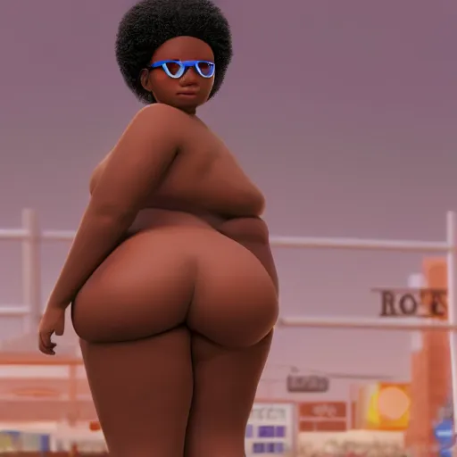 Prompt: high quality still of black bbw woman in wal-mart, 3d, in the style of pixar, comic book style, from behind, highly detailed, 16k resolution, octane renderer, coherent