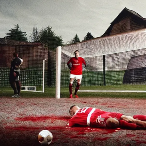 Image similar to a crime scene where a bayern munchen player has been butchered down by a football player from paris saint germain, wide shot, in the style of gregory crewdson