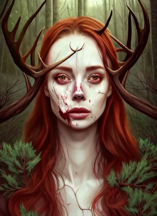 Image similar to surrounded by trees, realistic character concept, gorgeous Kacey Rohl, red hair, small freckles, Wendigo creature antlers deer skull face, symmetrical face, symmetrical eyes, full body, covered in blood, dark forest, trees, shorter neck, cinematic lighting, Joshua Middleton and artgerm, fear anxiety terror