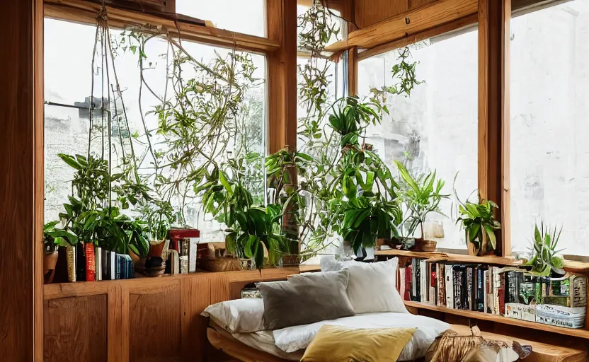 Image similar to interior design magazine photo of a big window with a wooden frame to sit on, some sandy yellow pillows, there are some books on a small integrated shelf, hanging plants, great architecture, ambient light, 8k