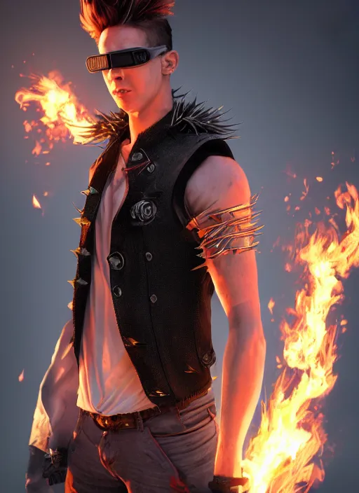 Image similar to An epic fantasy comic book style portrait painting of young man with long red spiked hair. Wearing a black waistcoat, white shirt, using googles. Blasting fire on his hands. Unreal 5, DAZ, hyperrealistic, octane render, cosplay, RPG portrait, dynamic lighting