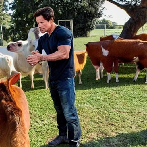 Image similar to mark wahlberg talking to farm animals