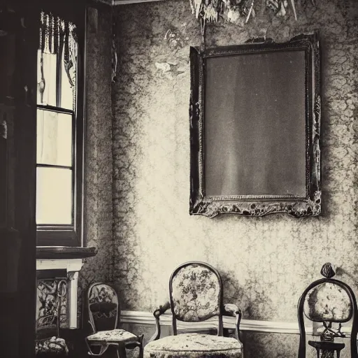 Prompt: haunted house parlor, interior, retro 1 9 0 0, vintage, dark wood, victorian textiles, cobwebs, mirrors, antiques, atmospheric, desaturated