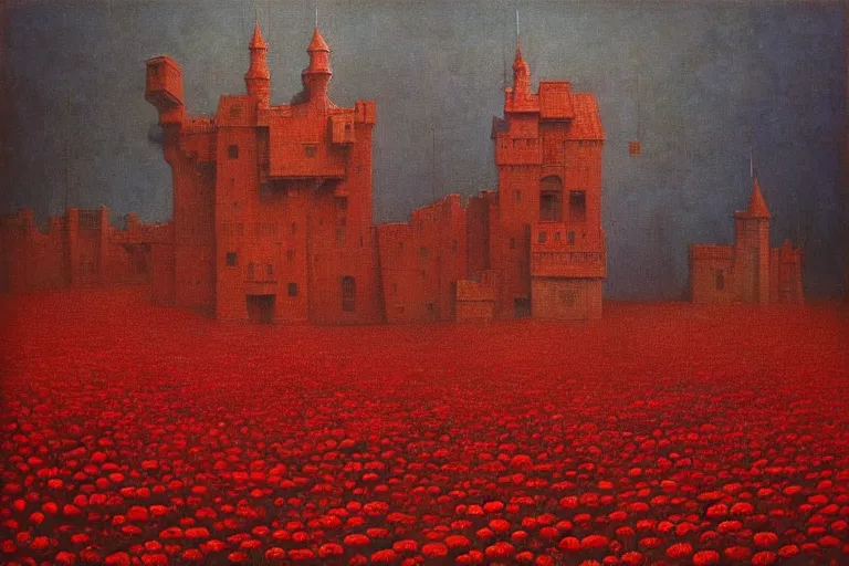 Image similar to only with red, red flowers of different types, a red tiger, a castle in the background, medieval demons dance over the flowers, an ancient path, in the style of beksinski, part by hopper, part by rodcenko, part by hofbauer, intricate composition, red by caravaggio, insanely quality, highly detailed, masterpiece, red light, artstation