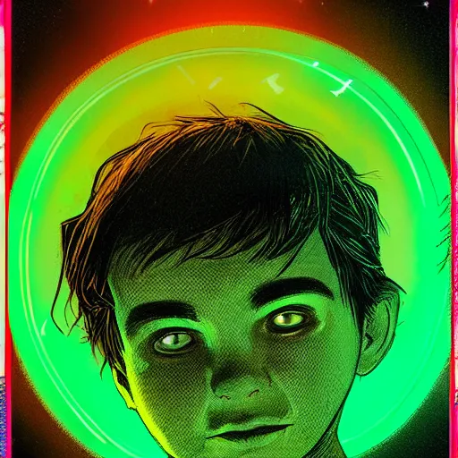 Prompt: a young boy with face lit by c 6 4 monitor green glow at midnight, atmospheric epic award winning illustration with volumetric cinematic lighting