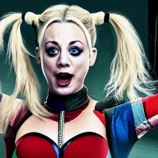 Image similar to A still of Kaley Cuoco portraying Harley Quinn