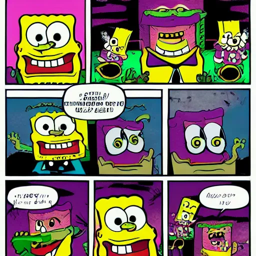 Prompt: spongebob squarepants, evil, sharp teeth, bad teeth, angry, horror, dramatic, in the style of phil jimenez