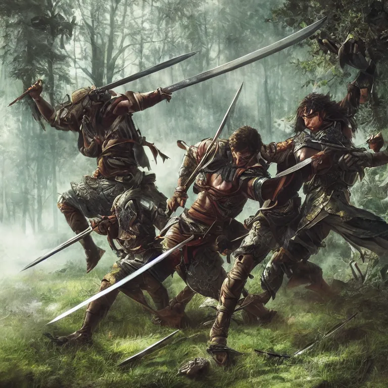 Image similar to 2 heroes fighting with swords in forest, while their armies are in the background, highly detailed, smooth, sharp focus, portrait, concept art, intricate details, fantasy poster, dark athmosphere, 8 k. lifelike. nikon d 8 5 0