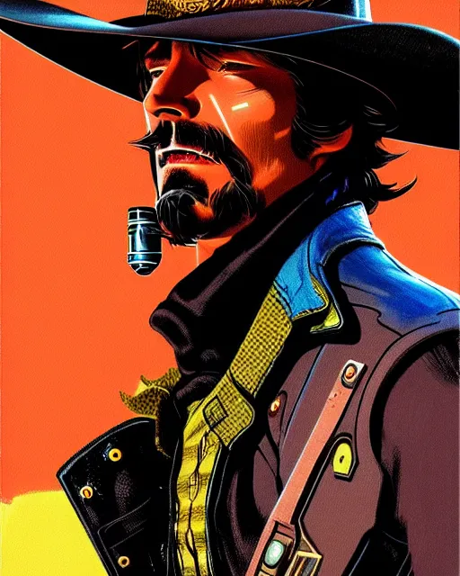Image similar to mccree from overwatch, cyber cowboy, character portrait, portrait, close up, concept art, intricate details, highly detailed, vintage sci - fi poster, retro future, vintage sci - fi art, in the style of chris foss, rodger dean, moebius, michael whelan, and gustave dore