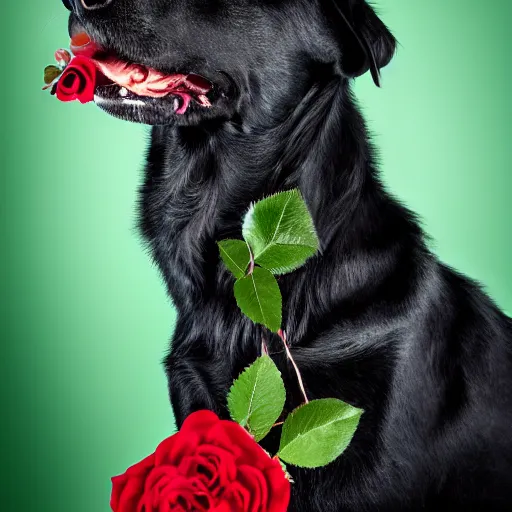 Prompt: black dog with rose in it's mouth, green eyes, studio lighting, cinematic, 4 k, detailed, global illumination, chromatic abberation