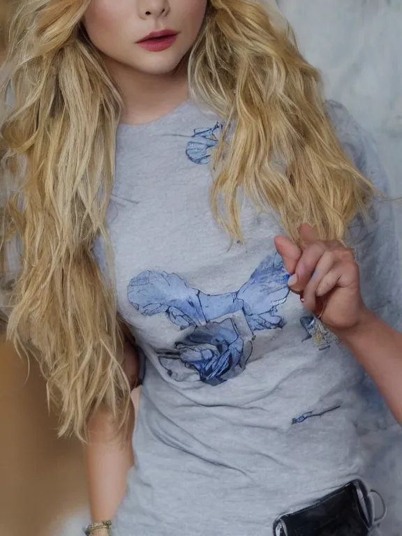Image similar to hyperdetailed close shot of chloe grace moretz, fashion, venus, with ripped crop t - shirt, fine - face, pretty face