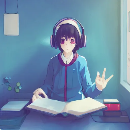 Image similar to lo - fi anime girl, wearing a blue cardigan and red aesthetic lo - fi headphones, studying in a brightly lit room, a lamp hovers above as it illuminates the room, nighttime!!!!!!, cgsociety contest winner, artstation, golden ratio, dim lighting, studio ghibli!!!, 4 k