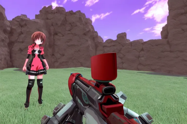 Image similar to an anime girl in a screenshot of the video game doom, the anime girl is crouching