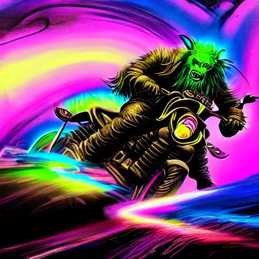 Prompt: psychedelic blacklight airbrush artwork, hyper stylized action shot of a menacing orc riding a motorcycle, hyper detailed ultra sharp, colorful soft airbrushed artwork, black background, digital painting, smooth, sharp focus, cgsociety, artstation