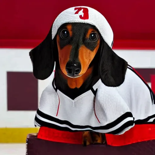 Image similar to dachshund wearing hockey gear