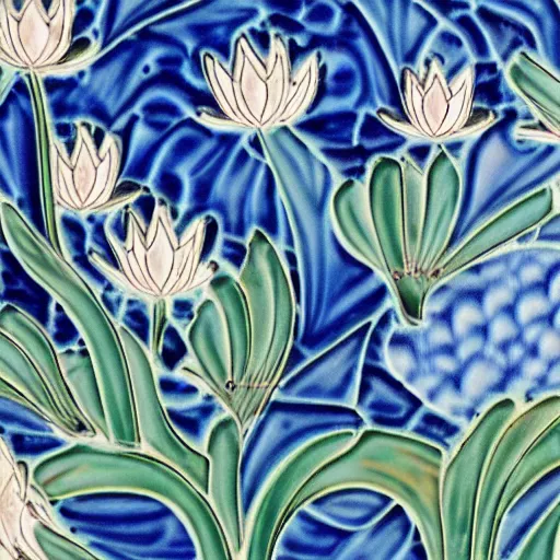 Prompt: beautiful detailed tile design, ceramic paint closeup, depicting swan and waterlily