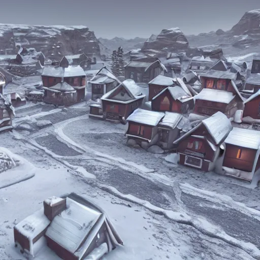 Image similar to a snowy village on the moon, 8 k, highly detailed, unreal engine render