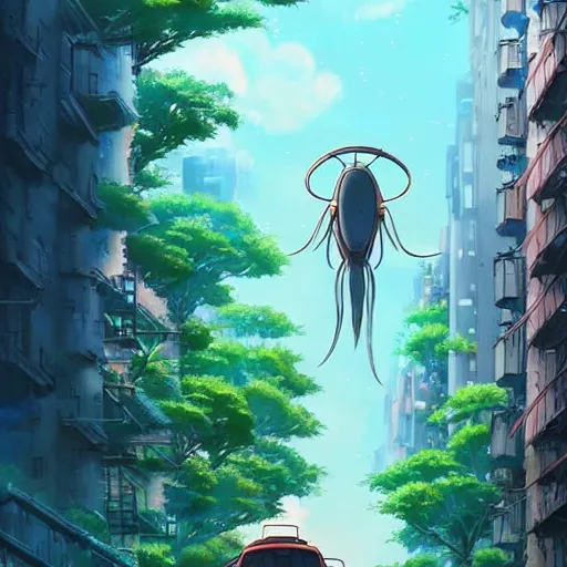 Image similar to a beautiful movie still in the style of Studio Ghibli anime showing a giant alien creature flying through a post-apocalyptic New York City overrun with vegetation. Studio Ghibli, trending on artstation, trending on behance