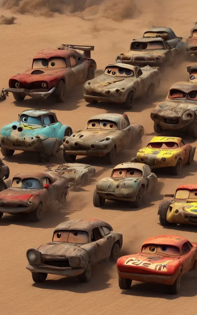 Image similar to pixar cars in the world of mad max fury road
