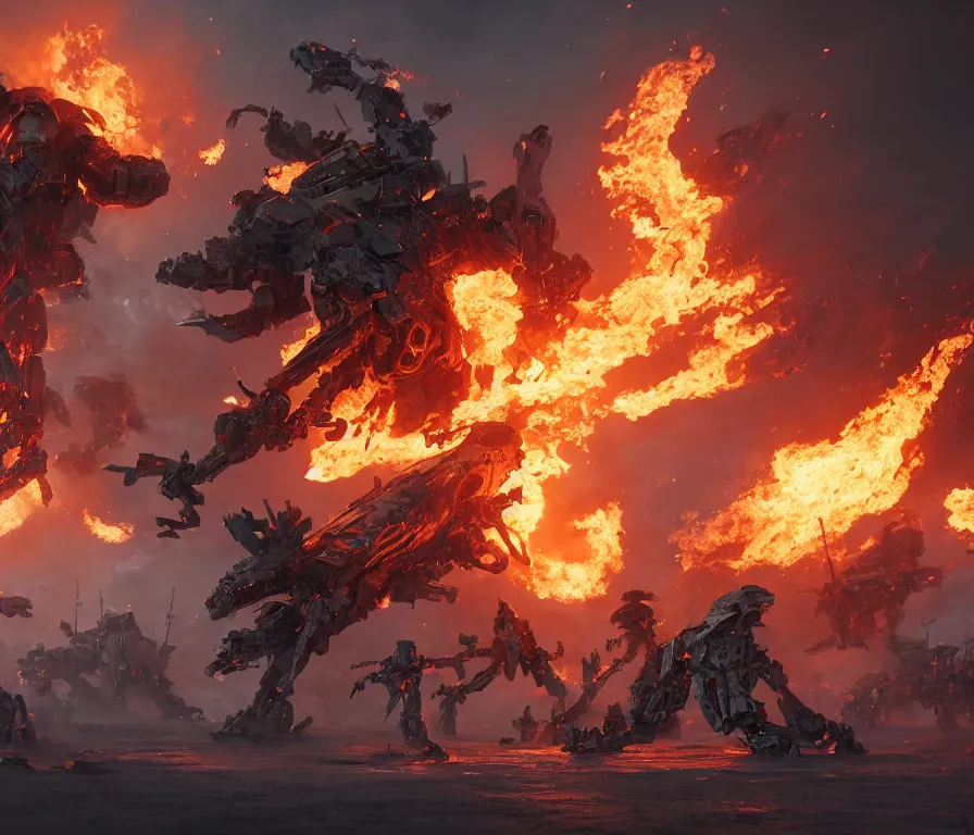 Image similar to a beautiful hyperrealistic detailed 3 d render of burning mechs in a far realm war, by anton otto fischer, atey ghailan, unreal engine, octane render, gigantic, 3 d, brilliantly coloured, intricate, ultra wide angle, trending on artstation, volumetric lighting, hdr, polished, micro details, ray tracing, 4 k