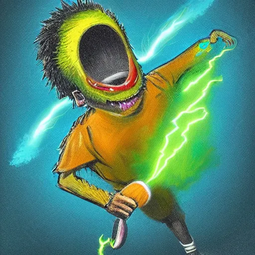 Image similar to a tennis ball monster ,tennis ball, lightning, chalk, digital art, fantasy, magic, trending on artstation, ultra detailed, professional illustration by Basil Gogos