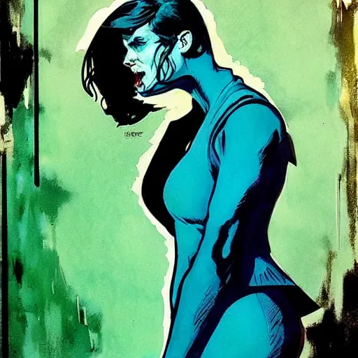 Prompt: Rafael Albuquerque comic book art, Norman Rockwell, pretty pale female Evan Rachel Wood, water demon, sharp teeth, long blue hair, full body, blue and green, underwater