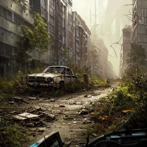 Image similar to postapocalyptic city of munic!!!, wild forest!!! vegetation!!!, small rubble!!, rusty bmw cars!!, hyperrealistic, highly detailed, cinematic, sunny light, beautiful, cgssociety, artstation, 8 k, oil painting by greg rutkowski, by artgerm, by wlop