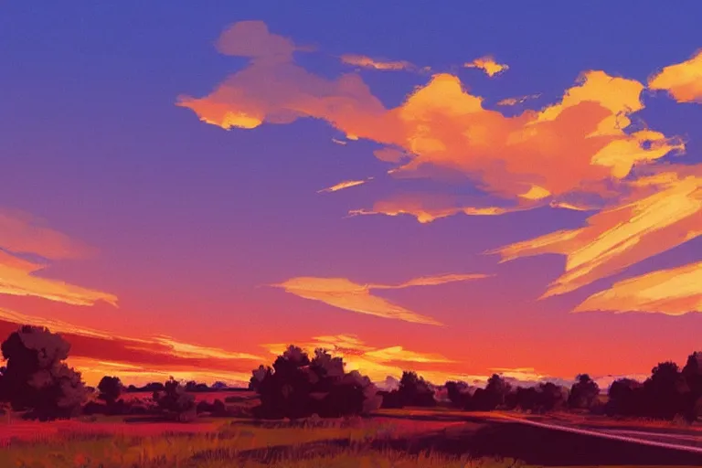 Prompt: country roadside sunset sky clouds illustration by syd mead artstation 4 k graphic novel concept art matte painting