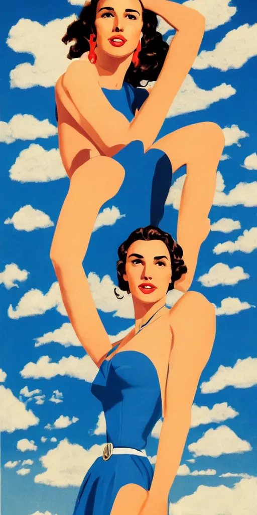 Prompt: full body portrait of gal gadot in the style of bill medcalf, blue sky with a few clouds, retro, 1 9 5 0, 4 k, detailed, headroom, rule of thirds