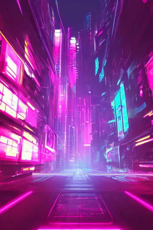 Prompt: cyberpunk syntwave landscape, pink neon lights, futuristic, cgsociety, in the style of artstation
