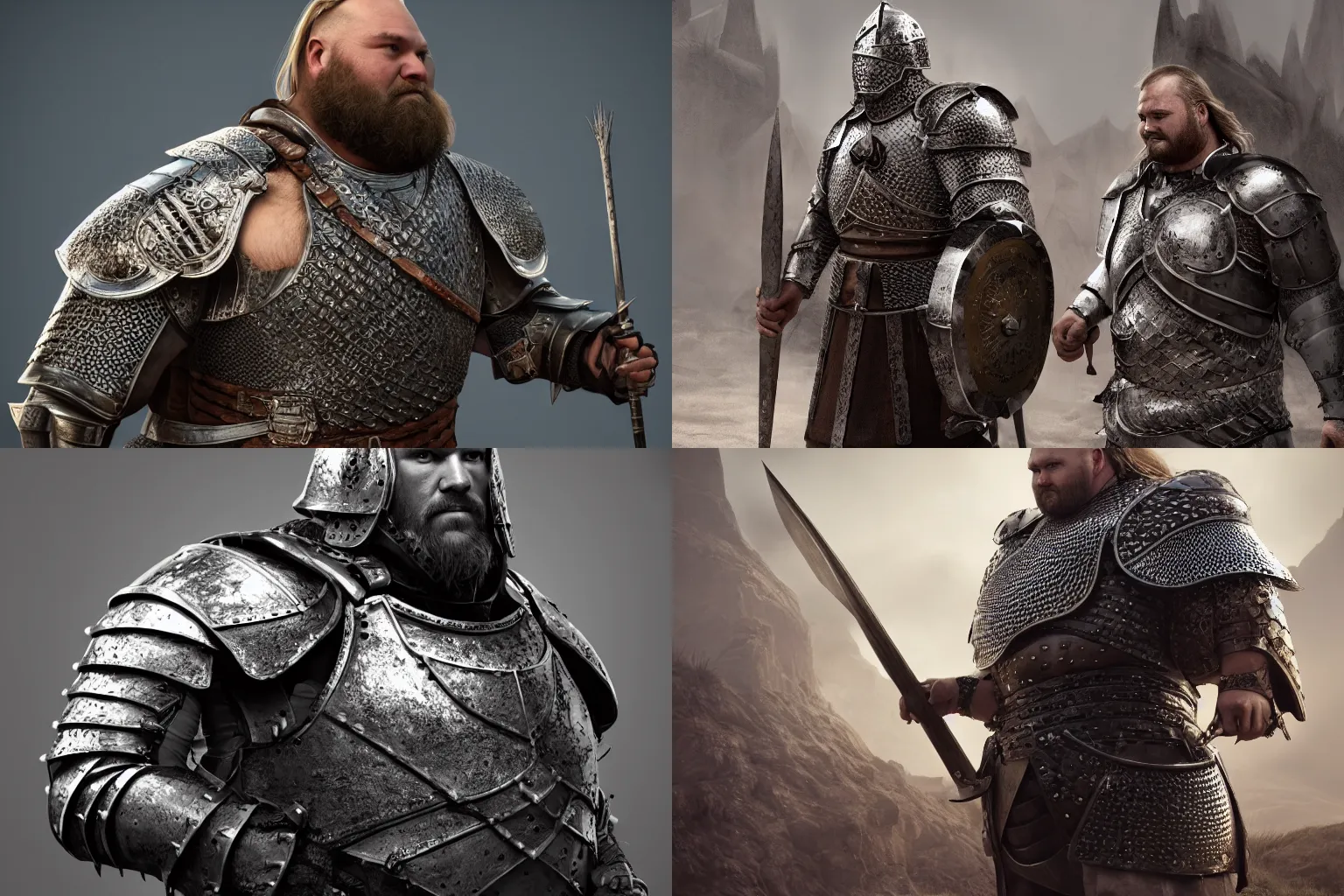 Prompt: Hafþór Júlíus Björnsson as a middle-aged knight in a chainmail hauberk and sabatons, highly detailed, artstation, concept art, sharp focus, 8K, octane render, unreal engine