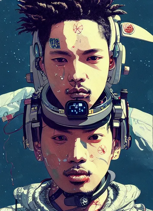 Prompt: a beautiful ukiyo painting of rapper pop smoke as a timepunk battle space pilot, wearing space techwear, detailed close up portrait, intricate complexity, concept art, by takato yamamoto, wlop, krenz cushart. cinematic dramatic atmosphere, sharp focus, digital full likeness art. center frame