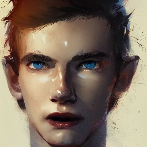 Image similar to portrait of a very masculine teenage girl with blue eyes and brown hair, short men's haircut, with a big nose, smiling, wearing an oversized sweater, dramatic lighting, illustration by Greg rutkowski, yoji shinkawa, 4k, digital art, concept art, trending on artstation