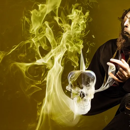 Prompt: dracula exhaling a large hit from his skull shaped crystal bong, award winning professional marijuana photography