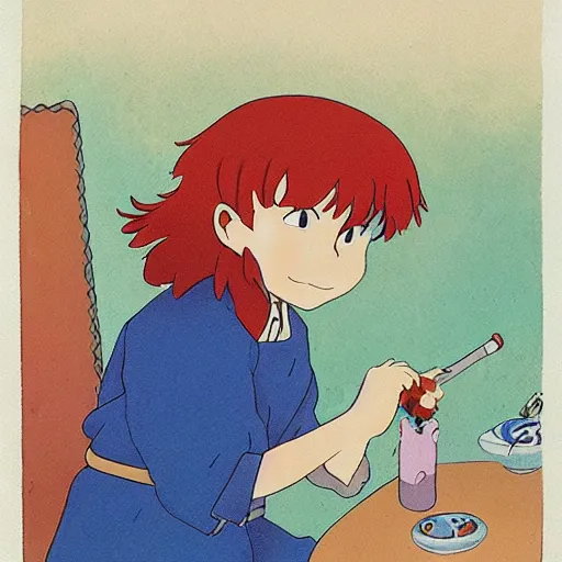Image similar to Ponyo smoking a pipe, Studios Ghibli