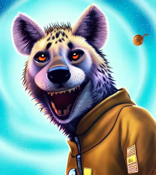 Image similar to digital detailed art of furry female hyena, in style of zootopia, fursona, furry, furaffinity, deviantart, wearing astronaut outfit, floating in space, space background, hyena fursona, cyberpunk, detailed face, style of artgerm,