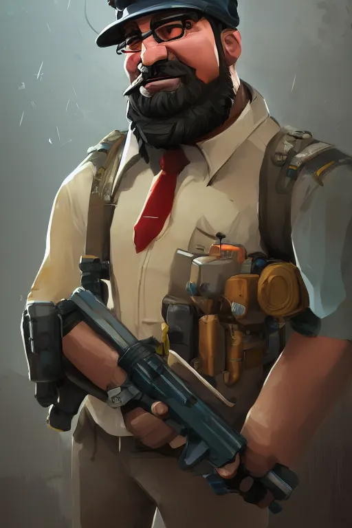 Image similar to beautiful highly detailed realistic character portrait team fortress 2 engineer, detailed character art by ismail inceoglu, trending on artstation