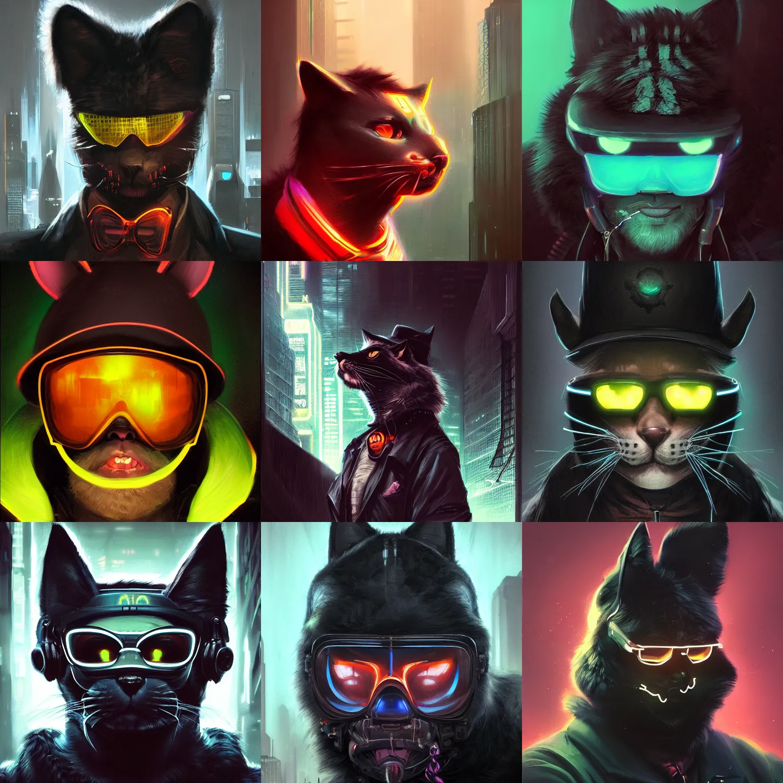 Prompt: portrait of furry detecive in the neon noir cyberpunk city furry anthropomorphic cat in black hat, epic portrait illustration, darek zabrocki, noah bradley, artstation, photorealistic close - up portrait, detailed illustration portrait, incredible details, disney stylized furry, dark cyberpunk illustration