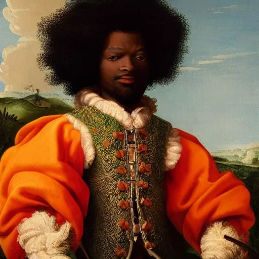 Image similar to black man with afro hair wearing an army green cloak, riding!!! an orange!! bull!!!, renaissance style painting, stunning detail and accuracy