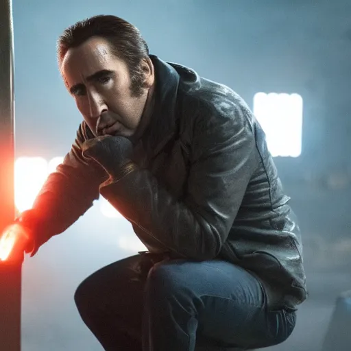 Image similar to production still of Nicolas Cage in Blade Runner 2049