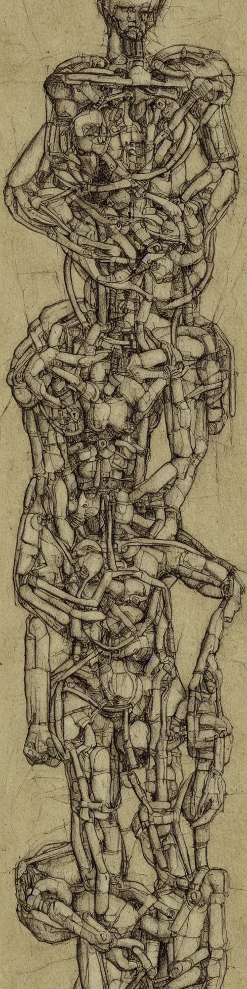 Image similar to humanoid machine sketch by Leonardo da Vinci, sketchbook, highly detailed, scientific illustration