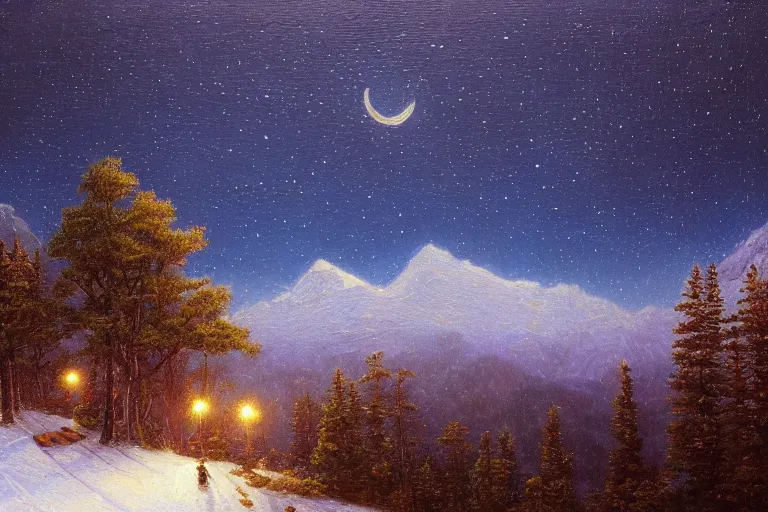 Image similar to mountains, trees, beautiful nature, winter, night, stars, moon, snow, very detailed, focused, oil painting, colorful, canvas, artstation, Sydney Mortimer Laurence, Albert Bierstadt