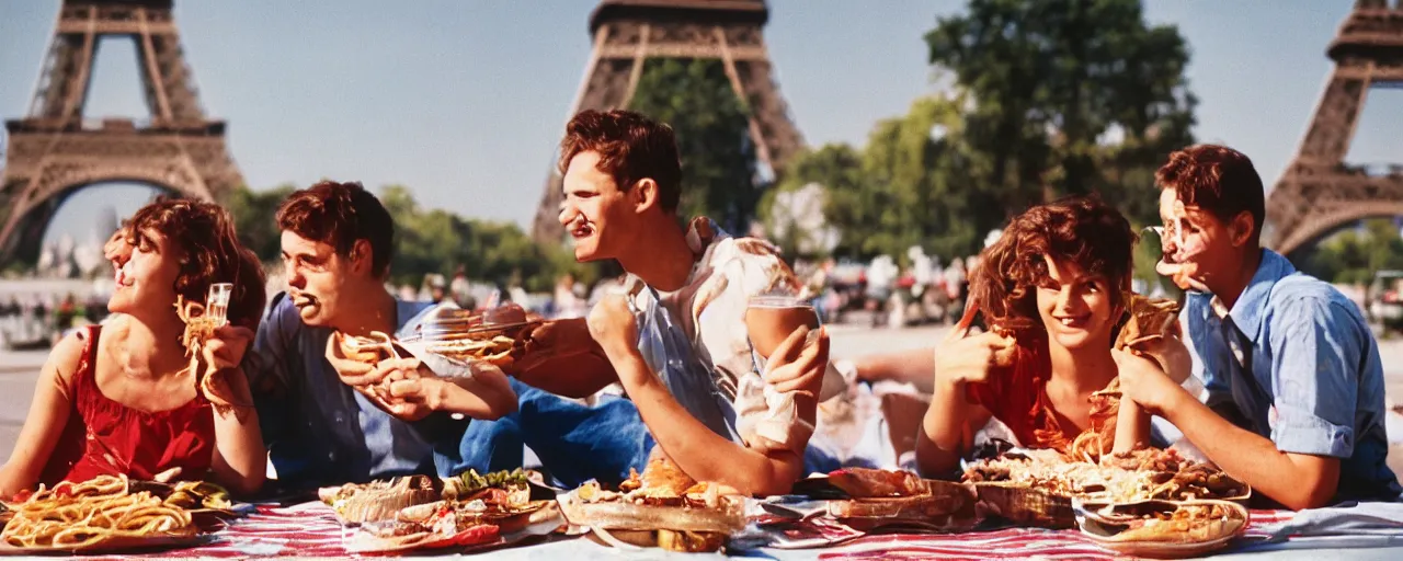 Prompt: young couple enjoying a spaghetti picnic in front of the eiffel tower, high detail, canon 5 0 mm, cinematic lighting, photography, retro, film, kodachrome